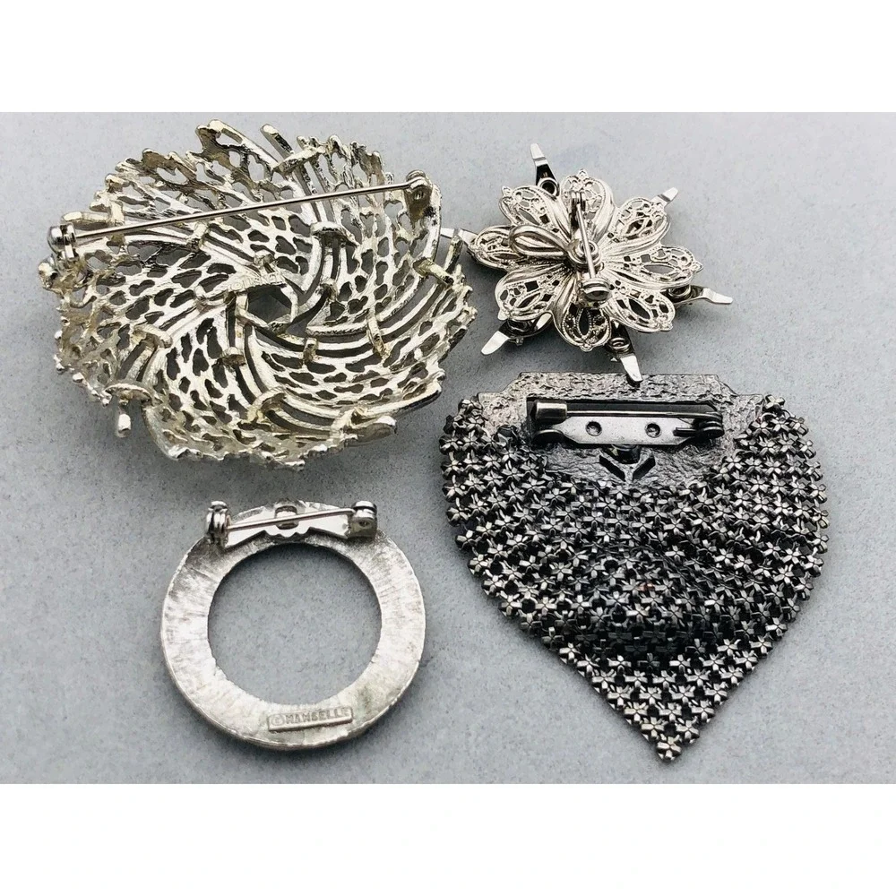Vintage Mixed Brand Brooch Pin Lot Silver‎ Tone Metal Rhinestone Mesh Art Deco
